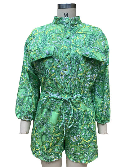 BAMBOOBOY Women Summer Long Sleeve Playsuit with Waist Elastic Band Casual Stand Collar Pocket Loose Wide Leg Short Jumpsuit