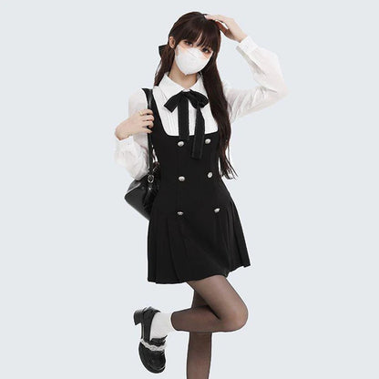 Fake Two-piece Dress Women Preppy Style Bow Buttons Long Sleeve A-line Mini Dress