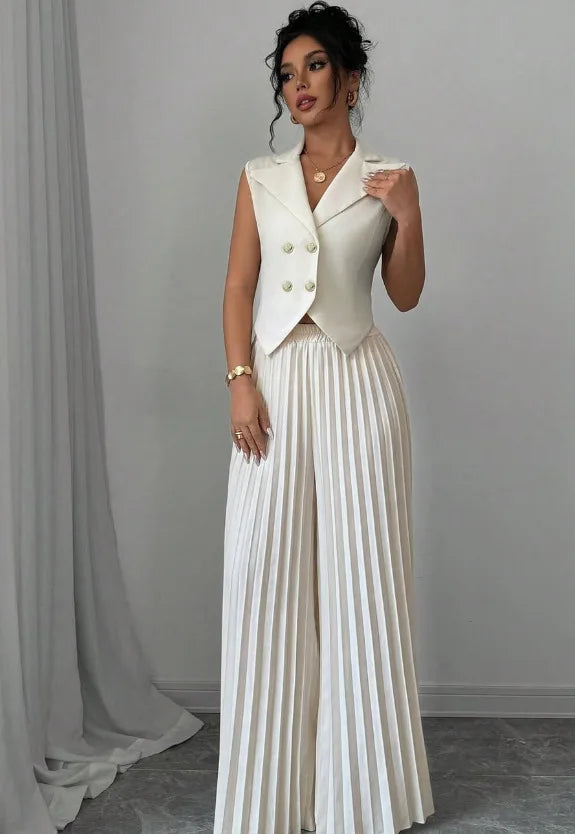 Women Fashion Solid Office Suit Casual Slim Button Two Piece Set Elegant Turn Down Collar Sleeveless Blazer&Pleat Pants Outfits WHITE CHINA