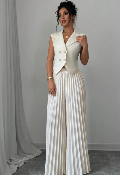 Women Fashion Solid Office Suit Casual Slim Button Two Piece Set Elegant Turn Down Collar Sleeveless Blazer&Pleat Pants Outfits WHITE CHINA