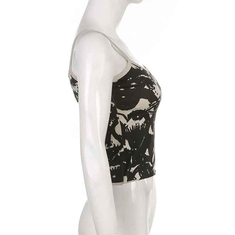Gothic Portrait Print T-shirt Aesthetic Y2K Crop Tops Short Sleevle Vest Tees Harajuku Streetwear White Suspenders Women Clothes