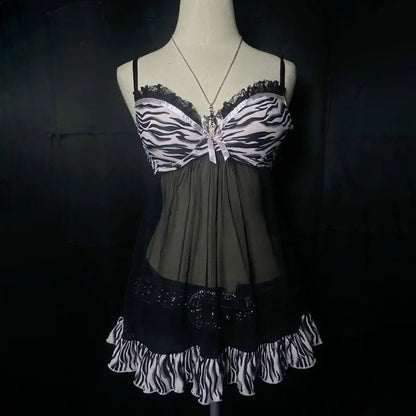 Unique Rock Gothic Aesthetics Mesh yarn Y2K Dress Harajuku Hip Hop Fashion Braces skirt Punk Streetwear A-line skirt Dark style black