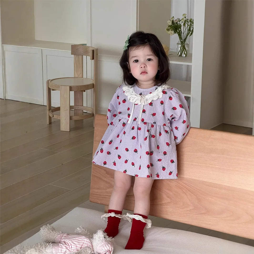 2025 Spring New Baby Girl Long Sleeve Dress Cute Strawberry Print Newborn Toddler Princess Bodysuit Dress Kids Girls Lace Dress