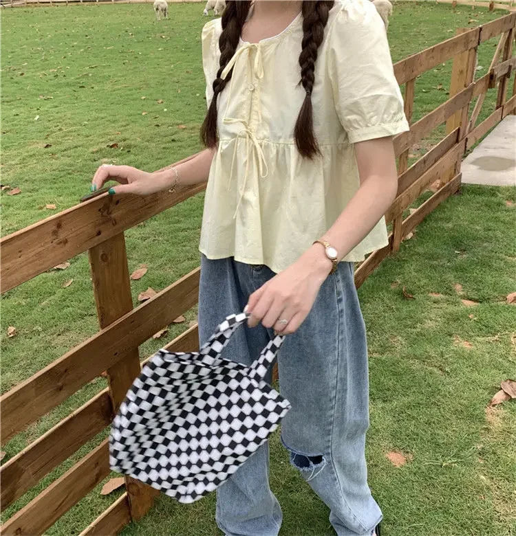 Ruffles Shirts and Blouses Korea Short Sleeve Top Women 2024 Summer Lace-up Sweet Blouses Cute Elegant Solid Sweet Folds Clothes