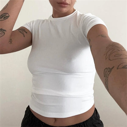 2025 Spring New Short Sleeve T-Shirt Women Solid Simple Casual Soft All-Match Hot Basic Crop Tops Tees Summer Fashion Slim Fit T
