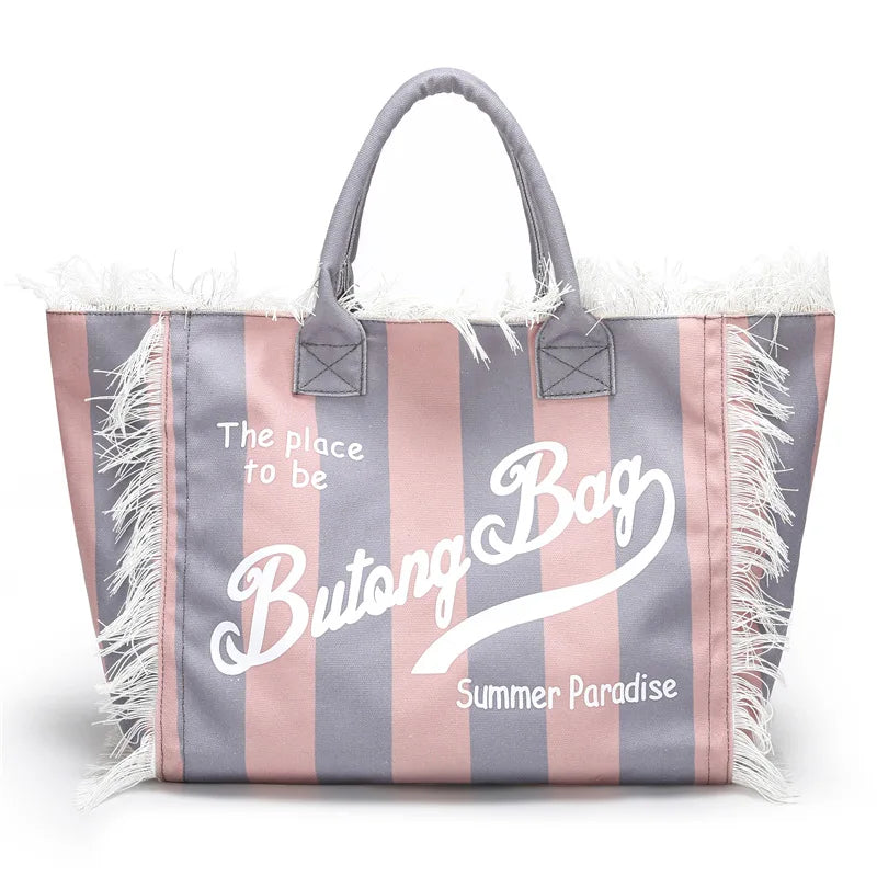 European and American Letters Tassel Canvas Bag Arge Capacity Handbags Travel Women Beach Tote Bag Fashion Casual Shopping Bags D 52x32x16cm