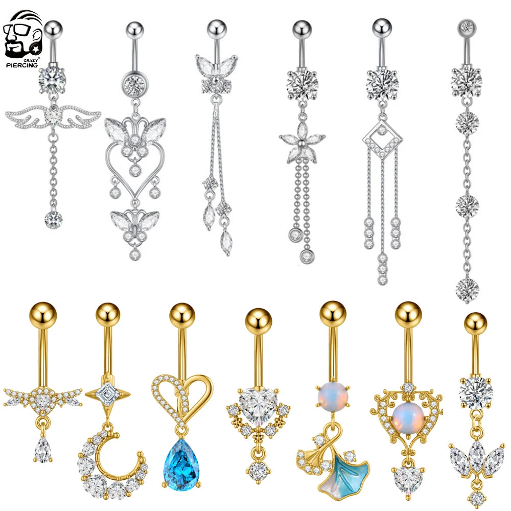 Zircon Crystal Belly Button Ring Dangle Wing Piercing Nombril Ombligo Surgical Steel Barbell Heart Round Navel Stud Body Jewelry