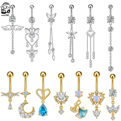 Zircon Crystal Belly Button Ring Dangle Wing Piercing Nombril Ombligo Surgical Steel Barbell Heart Round Navel Stud Body Jewelry