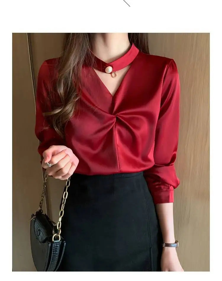 Satin Beading Halter V-Neck Woman Blouses 2022 Spring New Elegant Fashion Office Lady Long Sleeve Loose Commuter Shirts Female