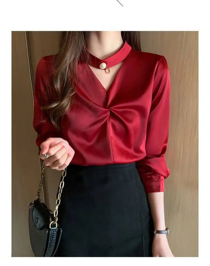 Satin Beading Halter V-Neck Woman Blouses 2022 Spring New Elegant Fashion Office Lady Long Sleeve Loose Commuter Shirts Female