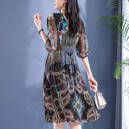 2025 Summer Bohemian Dresses For Women Elegant V-neck High Waist Women's Print Black Dress A-line 100% Real Silk Long Midi Dress Badiee Stylez