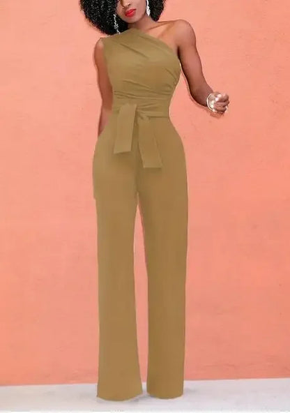 Women's Jumpsuit Solid Skew Collar Crop Top Straight Pants Belt Sexy Sleeveless Loose Pants Elegant Charming Playsuits 2024 Badiee Stylez