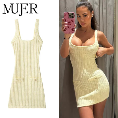 MUJER 2025 Knitted Short Dresses for Women Bodycon Mini Dress Woman Backless Beach Dress Women Sleeveless Women's Summer Dress
