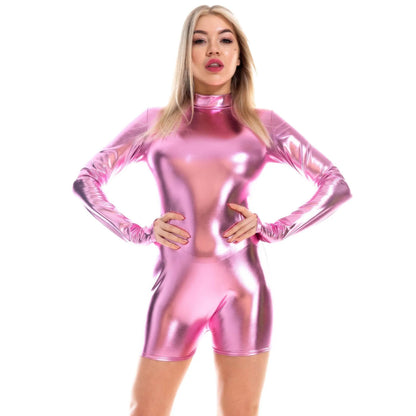 Women'S Long Sleeved Jumpsuits Leather Small Round Neck Zipper Cuffs Finger Sleeve Romper Streetwear Party Club Outfits 2024 Pink