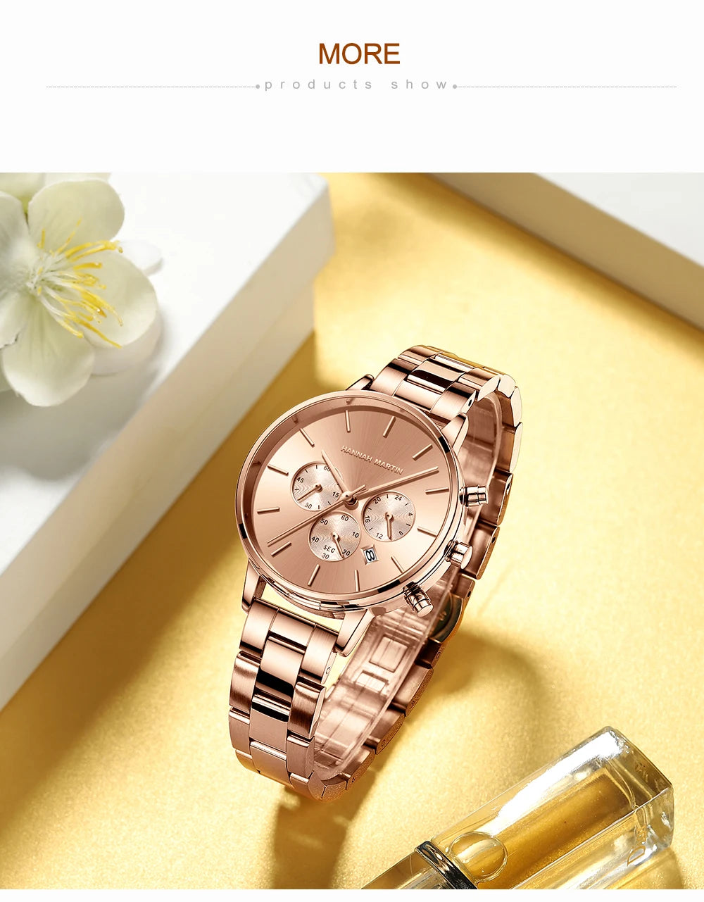 HANNAH MARTIN Brand Women Multifunctional Watch Original Stainless Steel Rose Gold 36mm Quartz Movement Casual Banquet Wristatch