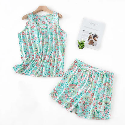 Hzioiys Summer Pajamas Sets Cotton Sleepwear Suit Women Casual Pajama Sets Cartoon Vest Shirt + Shorts Pajamas Suit Plus Size Green