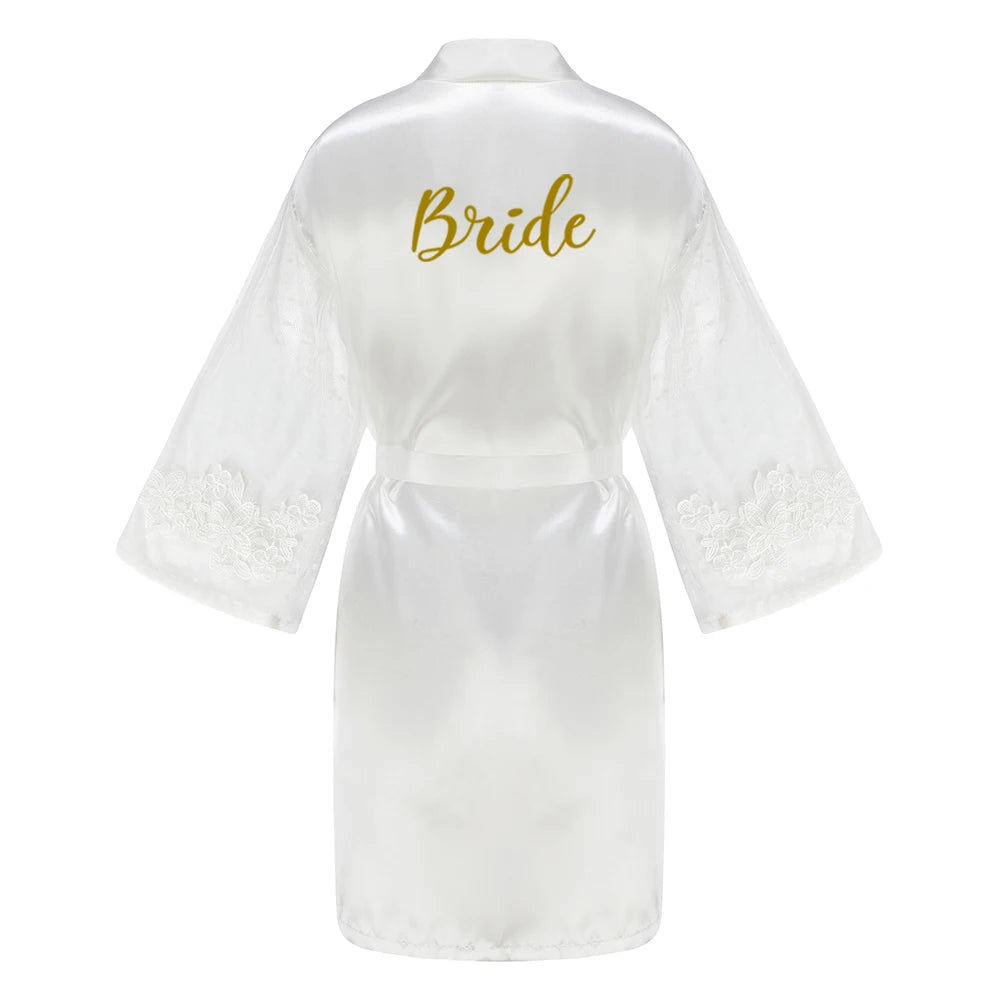 Green Bridesmaid Wedding Party Team Bride Robe With Gold Letters Lace Mesh Sleeve Kimono Satin Pajamas Mother Bathrobe As the photo show 11