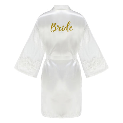 Green Bridesmaid Wedding Party Team Bride Robe With Gold Letters Lace Mesh Sleeve Kimono Satin Pajamas Mother Bathrobe As the photo show 11
