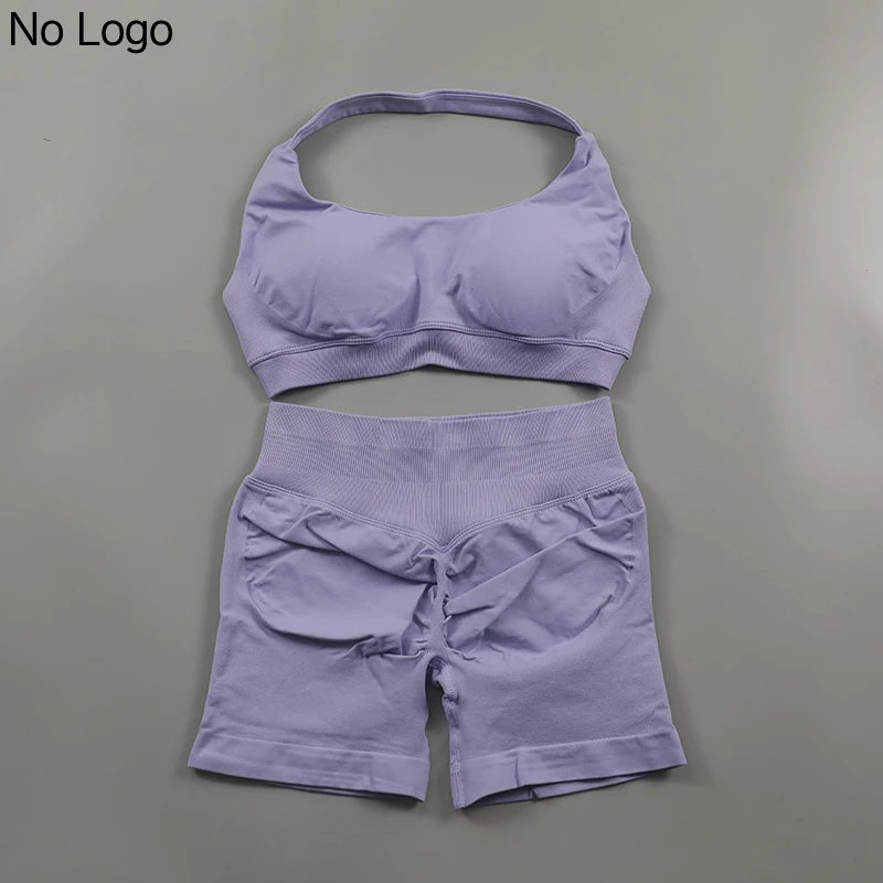 Fitness Shorts Sets Seamless Yoga Set Women 2Pcs Halter Sports Bra Scrunch Butt Gym Shorts Set Workout Clothes Summer Sportswear Badiee Stylez