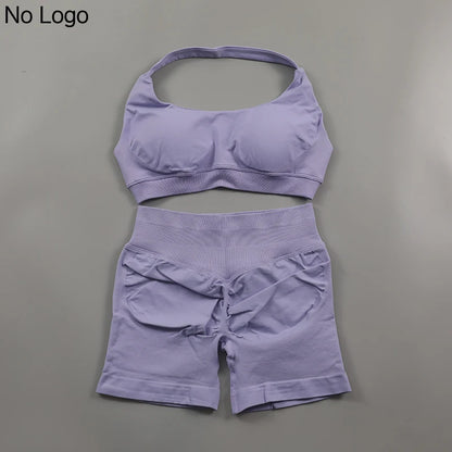Fitness Shorts Sets Seamless Yoga Set Women 2Pcs Halter Sports Bra Scrunch Butt Gym Shorts Set Workout Clothes Summer Sportswear Badiee Stylez
