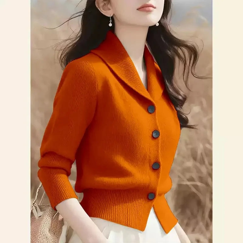 2025 New Spring Autumn Turndown Collar High End Women Knitt Cardigan Sweater Fashion Korean Version Female Knitwear Tops orange CHINA