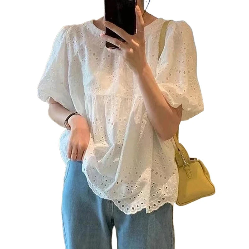 Summer French Style Embroidery Hollow Out Shirt New White Lace Blouse for Women Short Puff Sleeve Tops Round Collar Clothes 930