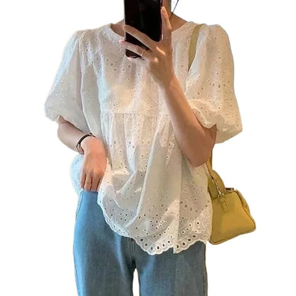 Summer French Style Embroidery Hollow Out Shirt New White Lace Blouse for Women Short Puff Sleeve Tops Round Collar Clothes 930