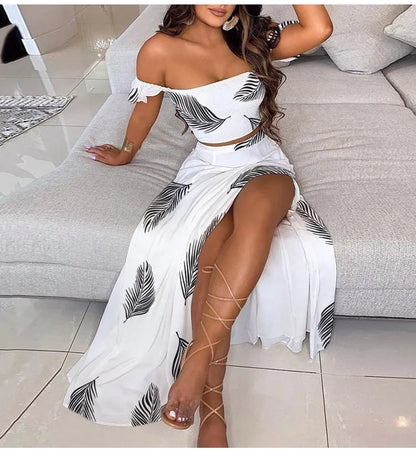 Fashionable Bohemian Two-piece Set Women's Off-shoulder Elastic Solid Color Vest With Floral Print High Waist Slit Skirt Set