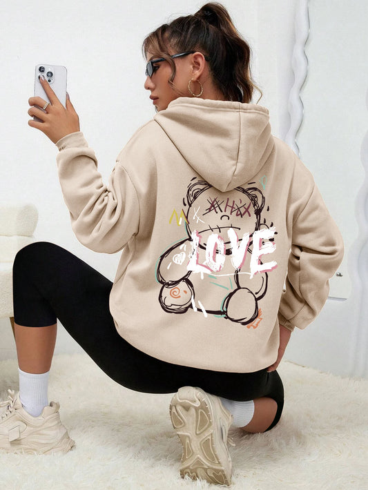 Graffiti Line Bear Simple Print Female Hoody Harajuku S-Xxl Sweatshirt Fashion Casual Street Hooded Autumn Warm Streetwear Women Beige
