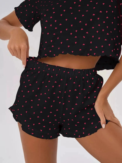 Womens Cute Heart Print Pajama Set Two Piece Short Sleeve Crop Top Ruffle Shorts Sleepwear Loungewear Casual Summer Nightwear ﻿