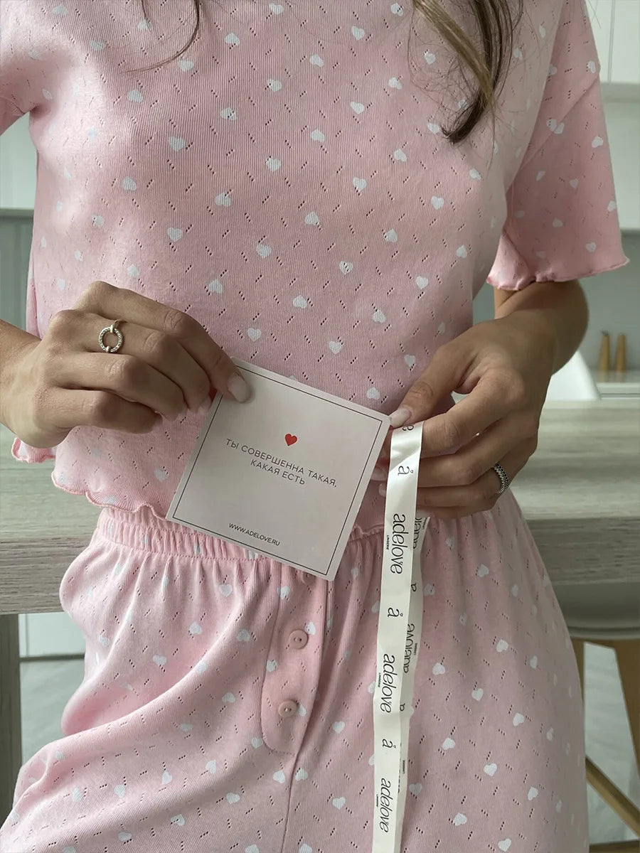 Muzuleva New Fashion Love-Printed Short-Sleeved Pants Pajama Set Women's Summer Pink Sleepwear Loose Casual 2-Piece Set