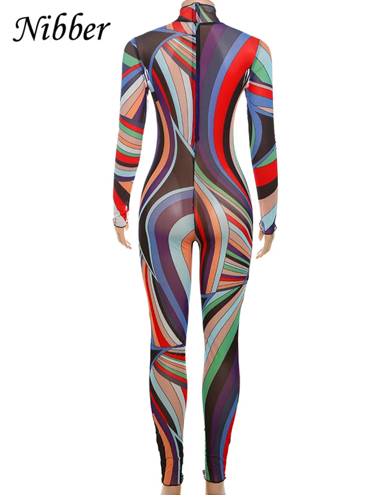 Nibber Sexy Colorful Print Jumpsuit Women Zip Y2K Full Sleeve O-Neck Turtleneck Autumn Trend Skinny Stretch Workout Overalls Badiee Stylez