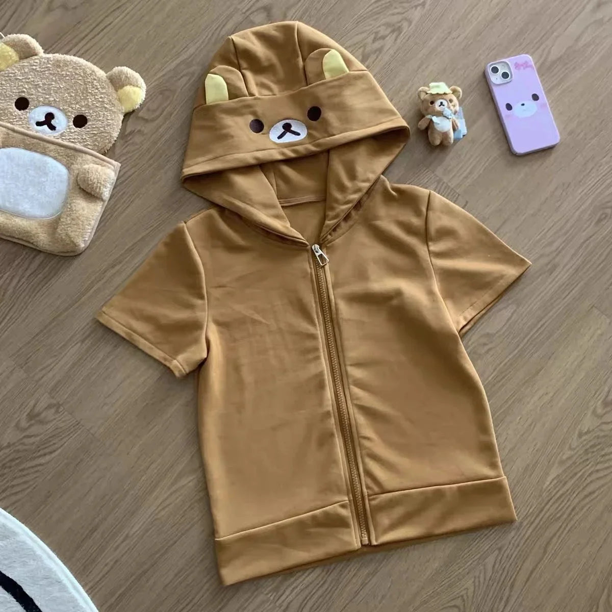 Cute Cartoon Hoodie Rilakkumaed Zip-up Hoodie Teddy Bear Ears Long Sleeve Jacket Fashion Women's Casual Cardigan Cotton Clothing B