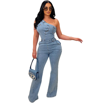 Flare Denim Pants Full Length Women Jeans One Piece Overalls Spliced Solid Jumpsuits Loose Pockets High Waist Basics Washed