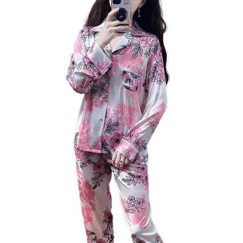 Korean Style Women's Two-piece Pajamas Sets Fashion Flower Print Faux Silk Satin Sleepwear Female Long Sleeve Pants Housewear