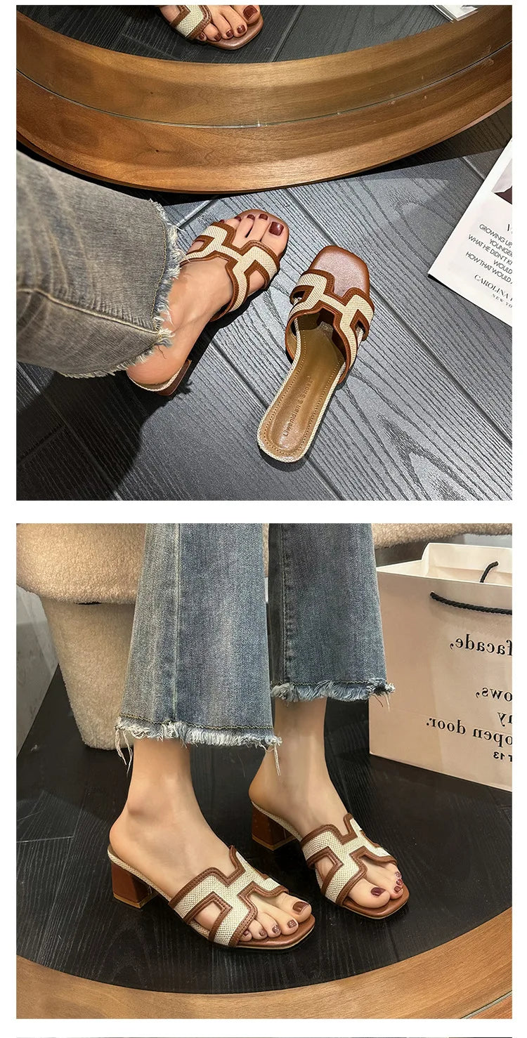 2025 Summer new arrival,fashion style grids high heel slippers for woman,thick heel outwear beach sandals for women