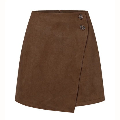 New Arrival 2025 Women's Autumn Winter Suede Irregular Skirt Solid Color High Waist Zipper Button Short Skirts For Woman Brown