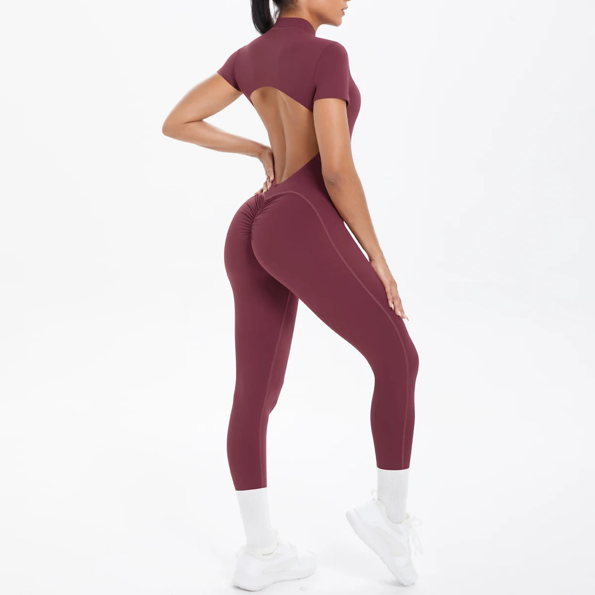 Short Sleeved Fitness Jumpsuit for Woman Bodysuits Backless Solid Color Scrunch One-Piece Suit Half Zipper Gym Yoga Sets Womens Burgundy
