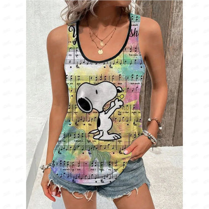 Women's Blouse black Shirts & Blouses Cartoon Snoopy Print Sleeveless Tops Loose V Neck Pulovers Summer Youthful Woman Clothes BXZ1GH01118