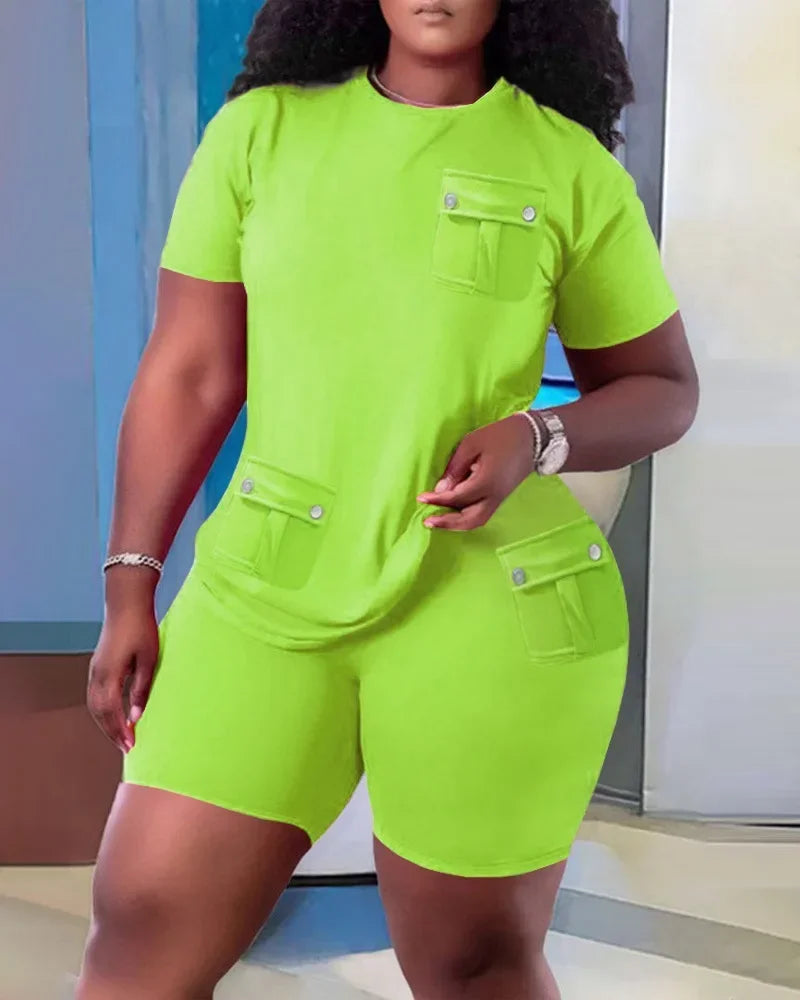 Women Two Piece Shorts Sets Solid Round Neck T Shirts Pockets Elastic Waist Short Trousers Suits Leisure Ladies 2025 Summer