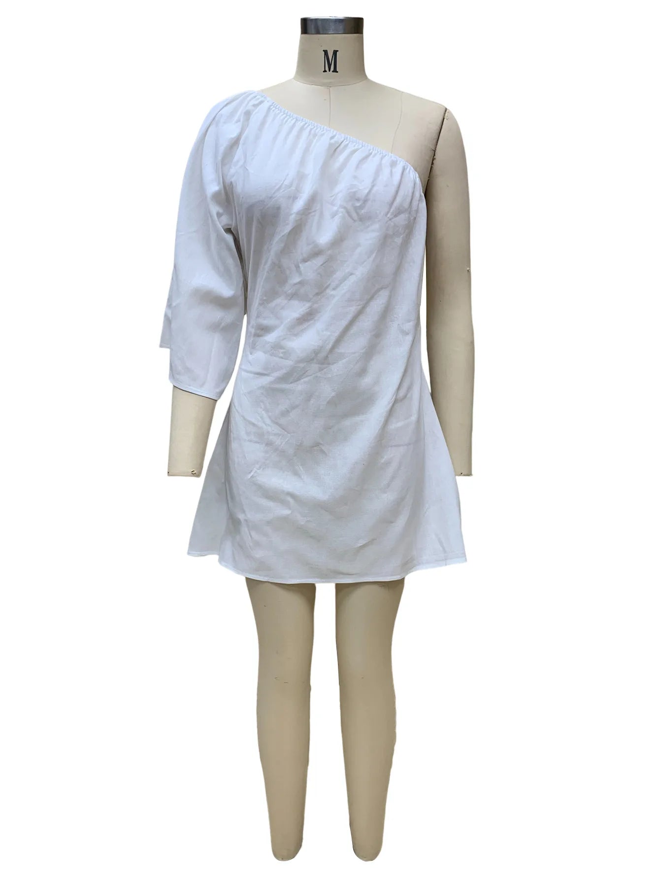 White Oblique Shoulder Cotton Linen Mini Dresses For Women Sexy Black One Shoulder Basic Puff Sleeve Party Club Dress Vestidos