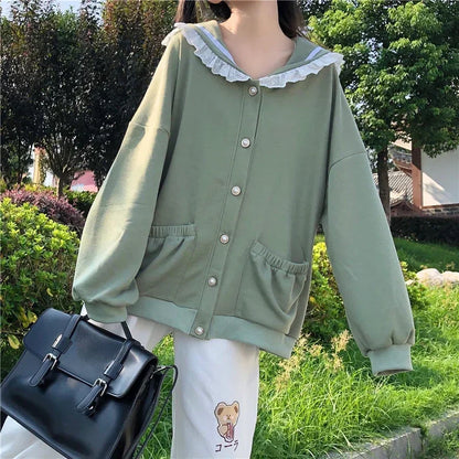 Autumn Sweet Women Hoodies Loose Hooded Sailor Collar Cute Lace Patchwork Female Zip Up Hoodies 2025 NEW 9710 Green One Size