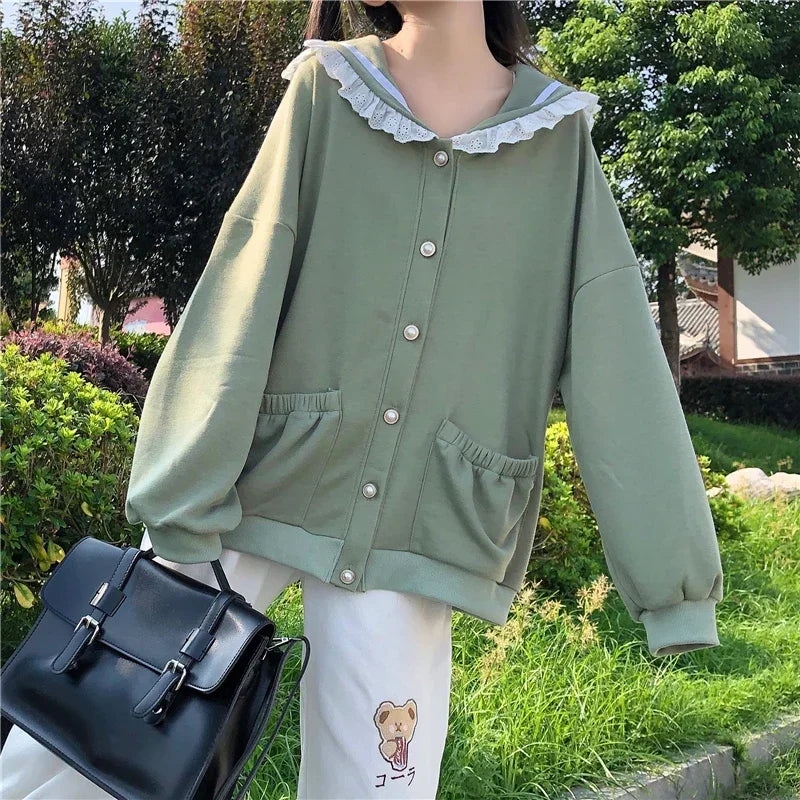 Autumn Sweet Women Hoodies Loose Hooded Sailor Collar Cute Lace Patchwork Female Zip Up Hoodies 2025 NEW 9710 Green One Size
