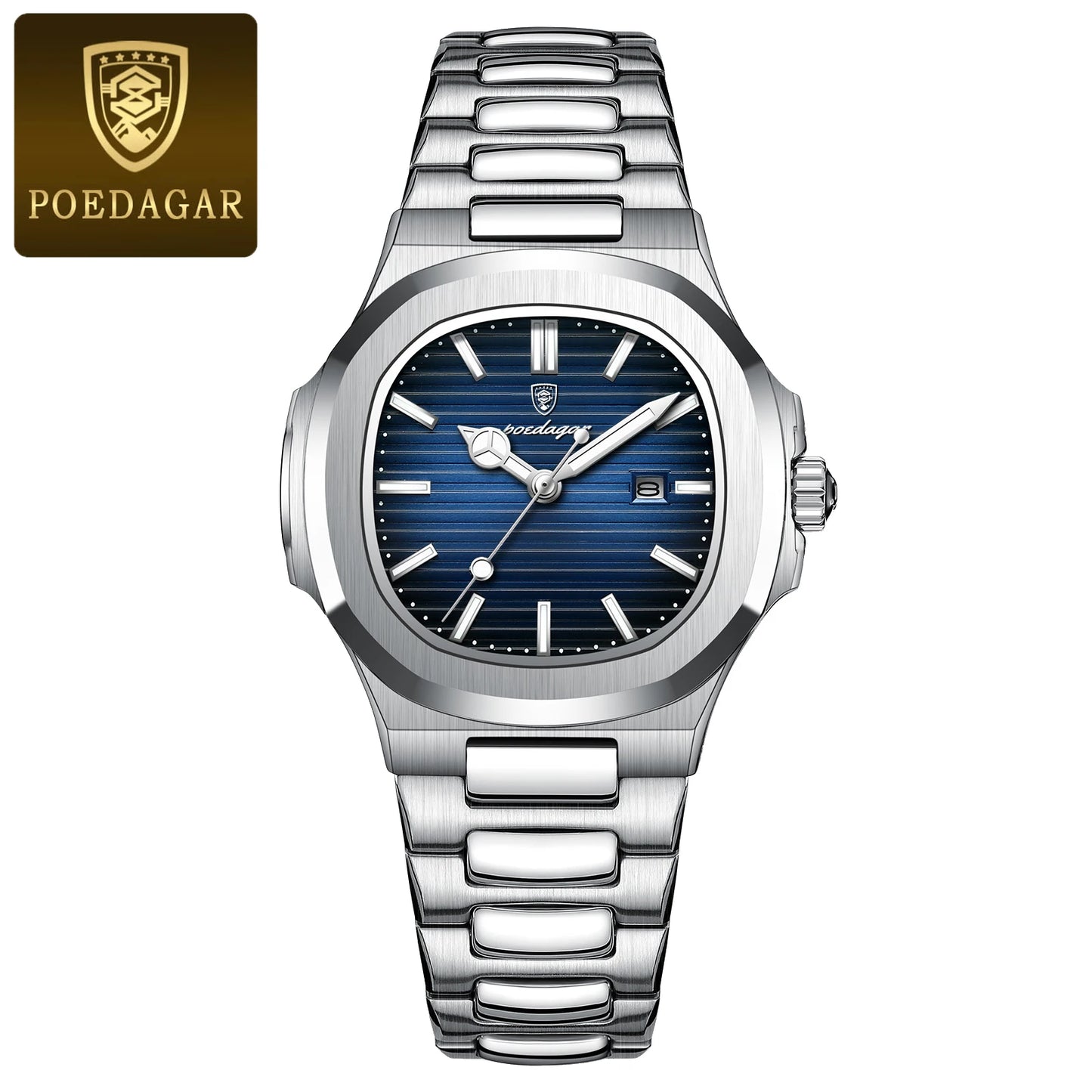 POEDAGAR Original Trendy Women's Watches Waterproof Luminous Date Ladies Wristwatch Stainless Steel Quartz Watch For Woman Reloj 789 Silver Blue