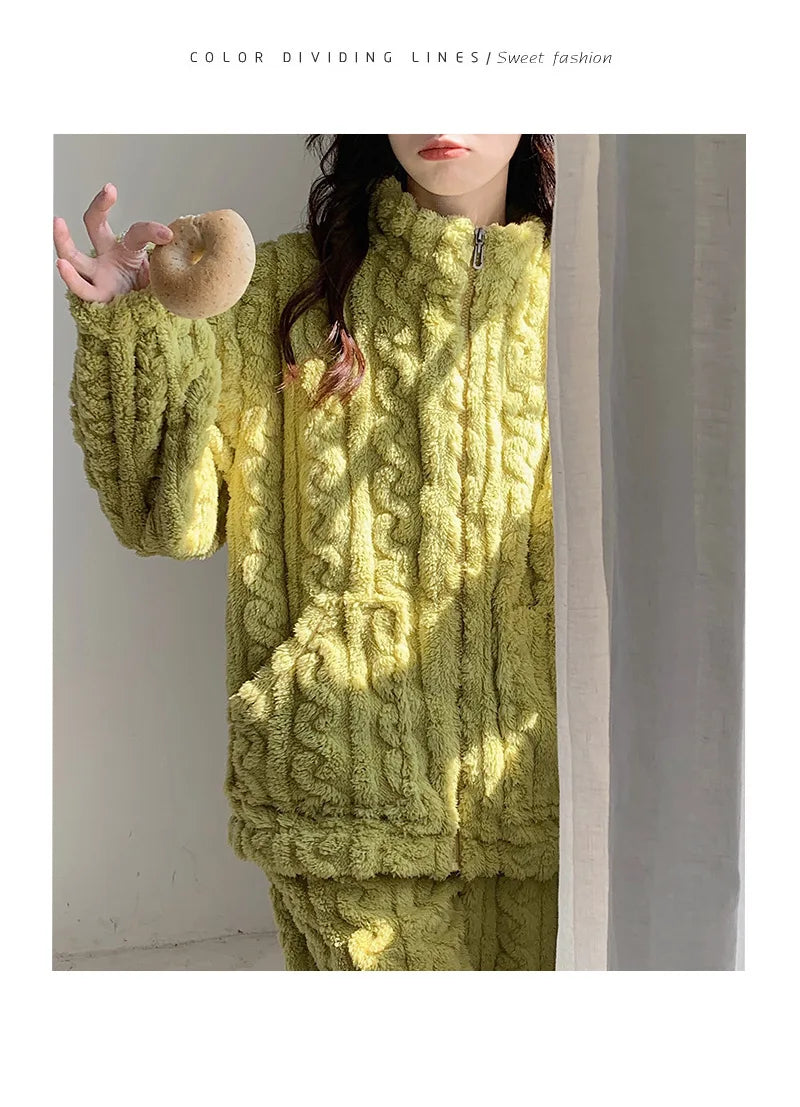 Large Size Flannel Pajamas Set Autumn Winter Female Sleepwear Trouser Suit Thicken Coral Fleece High Collar Lounge Wear Homewear