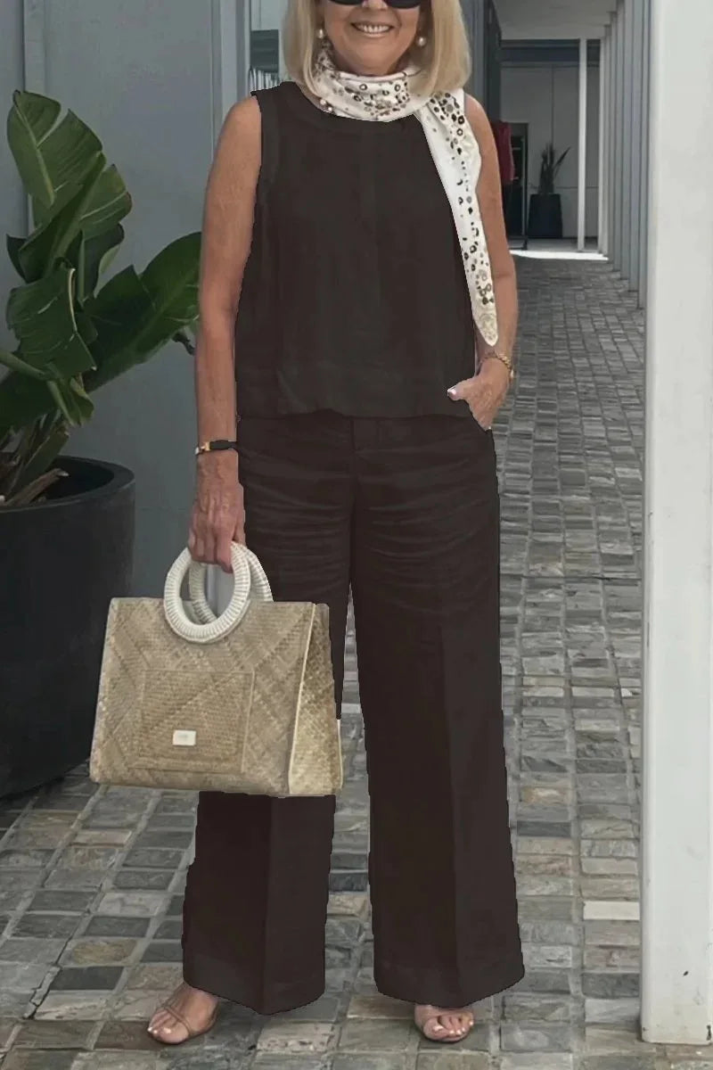 Spring Summer Cotton Linen Solid Color Sleeveless Vest Top Women Pants Suit Casual Pocket Elegant Female Office Retro 2Piece Set