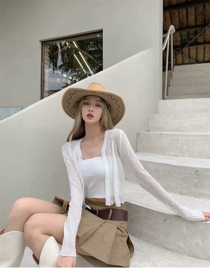 JOEVILU Thin Sunscreen Shirt Women's Summer Outerwear Crop Tops Hollow Out White Long-sleeved Cardigan Elegant Casual Shawl Coat