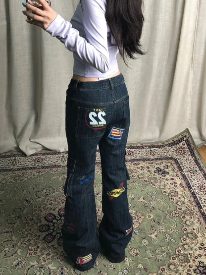 Karrram Vinatge Y2k Baggy Jeans Japanese 2000s Style High Waist Flared Jeans American Retro Denim Cargo Pants Harajuku Trousers