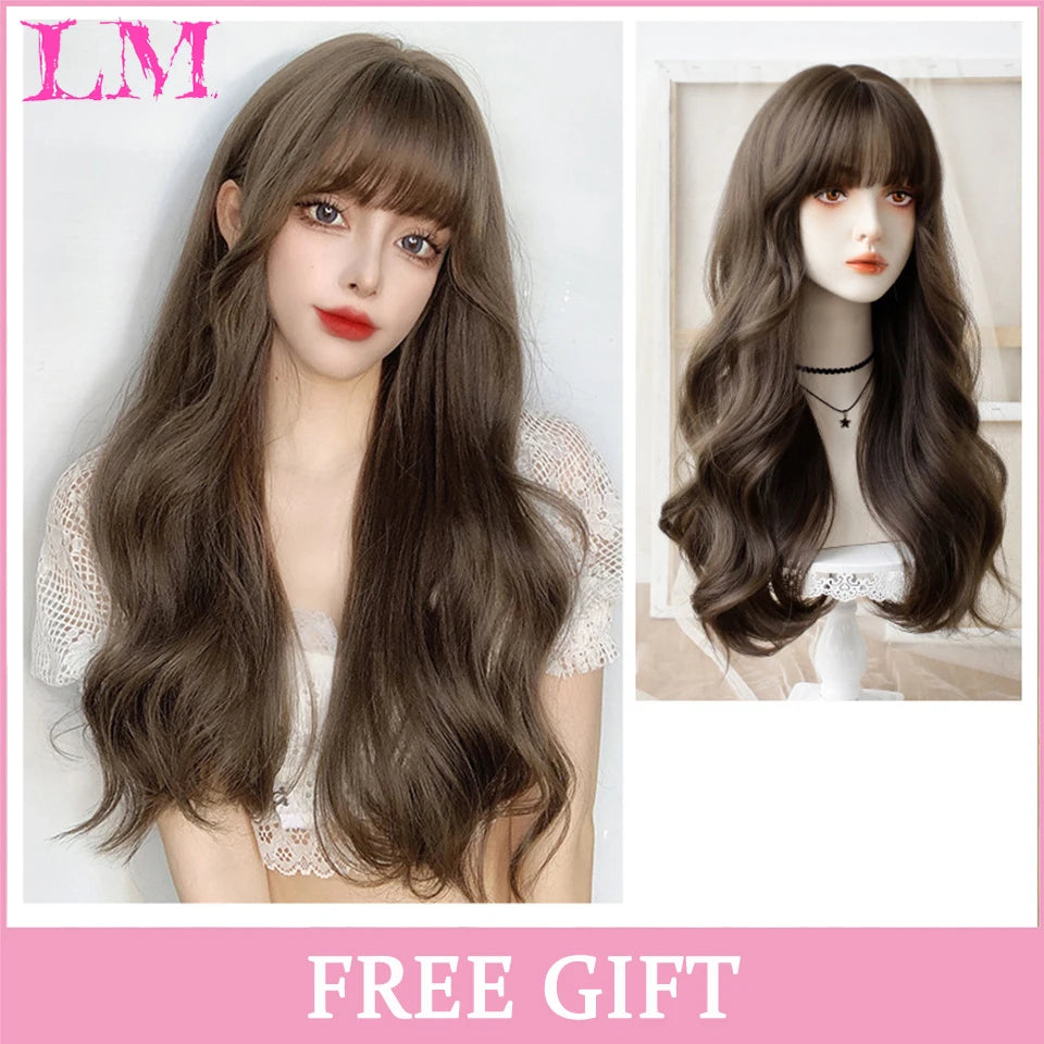 LM Long Silky Straight Synthetic Wigs with Bangs Black Cosplay Party Lolita Hair Wigs for Women Natural Heat Resistant Wig P1B 30