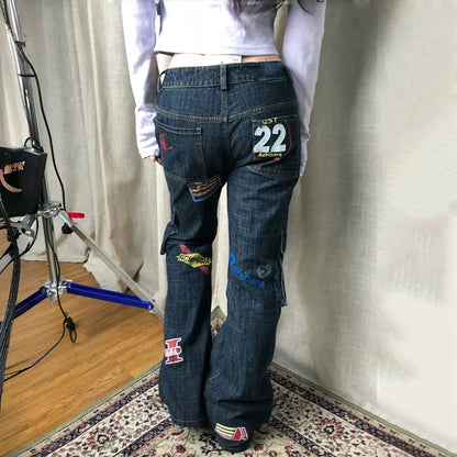 Karrram Vinatge Y2k Baggy Jeans Japanese 2000s Style High Waist Flared Jeans American Retro Denim Cargo Pants Harajuku Trousers